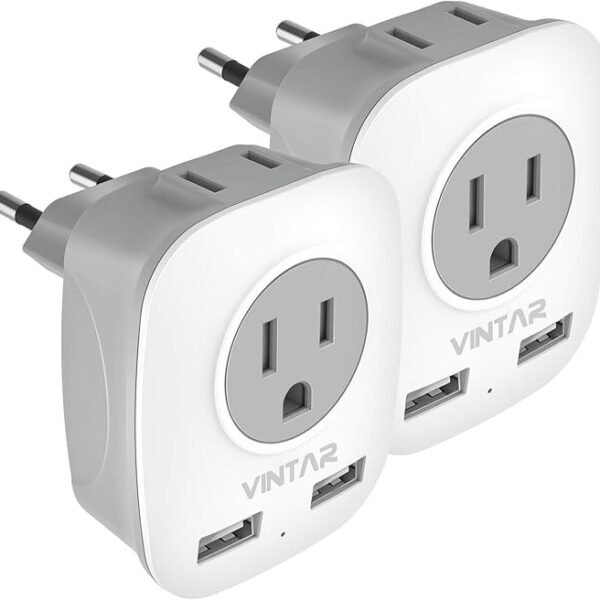 2 Pack European Travel Plug Adapter, VINTAR International Power Plug Adapter with 2 USB Ports,2 American Outlets- 4 in 1 Outlet Adapter,Travel Essentials to Italy,Greece,France, Spain (Type C)