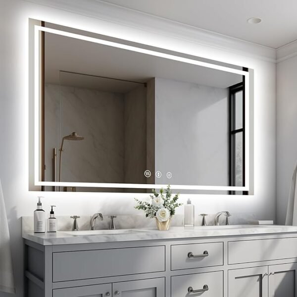 YOLEO 55x30 LED Bathroom Mirror, Led Mirror for Bathroom with Front and Backlit, Lighted Bathroom Vanity Mirror for Wall, Anti-Fog, Dimmable, Memory Function, 3 Colors, Horizontal/Vertical