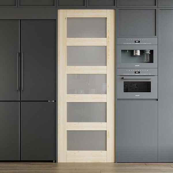 24x80 5-Panel Tempered Frosted Glass Door Slab, Paintable Interior Shaker, Suitbale for Living Room, Pantry, Laundry Room as Prehung, Pocket Door, French Door, Barn Door, Unifinished Pine Wood